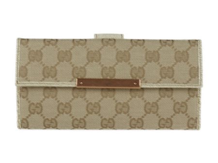 Gucci Bifold Wallet 112715 GG Canvas Leather Gold Beige Ivory Bronze Hardware W Hook Long Logo Plate Online