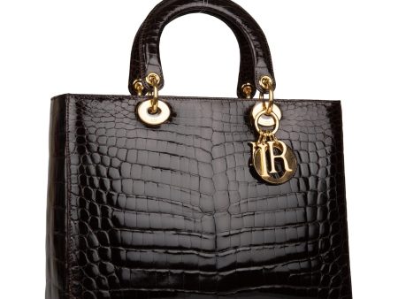 Christian Dior Dark Brown Large Lady Dior Alligator Tote Gold Hardware Hot on Sale