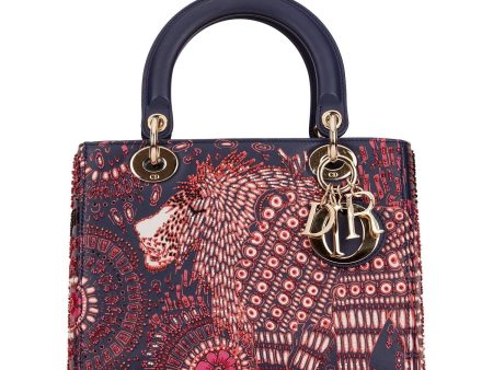 Christian Dior Medium Lady Dior Tote Navy Beaded Leather Gold Hardware For Sale