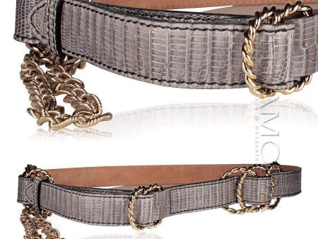 Fendi Women s Belt Gray Teju Lizard Gold Metal w Chains (FFB1505) Online now